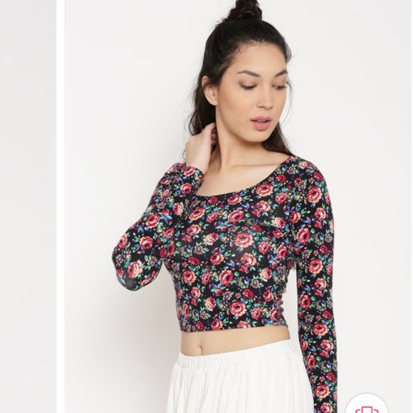4/$20 Floral Black Crop Top Long Sleeve Forever 21 large - Picture 1 of 7